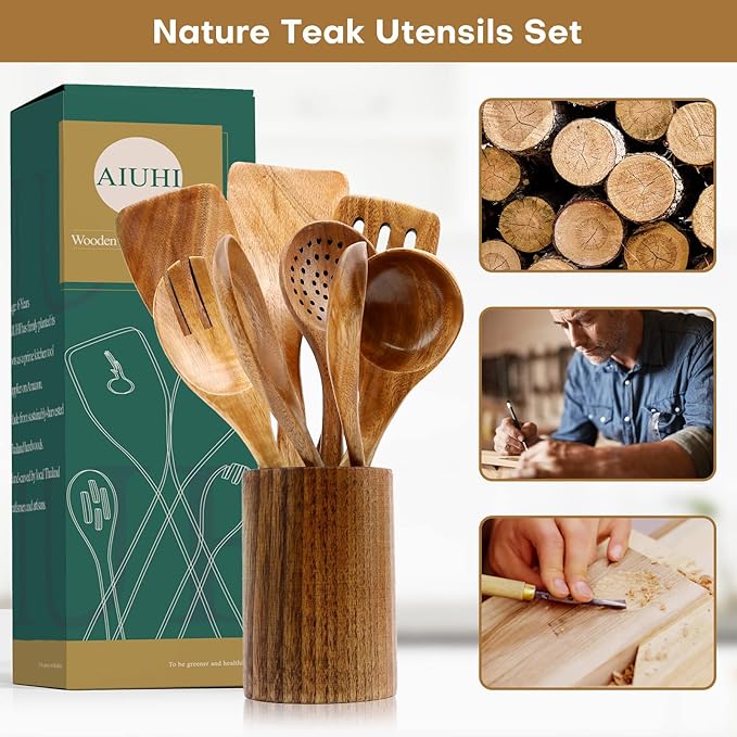 10 Pack Wooden Utensils for Cooking, Wood Utensil Set for Kitchen, Teak Wooden Spoon for Cooking, Non-Stick Spatula Ladle