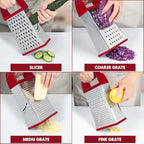 Urbanstrive Cheese Grater With Container, Professional Cheese Grater with Handle, Stainless Steel Graters for Kitchen Handheld, Box Grater with 4 Sides for Vegetables, Ginger, Potatoes (Red)