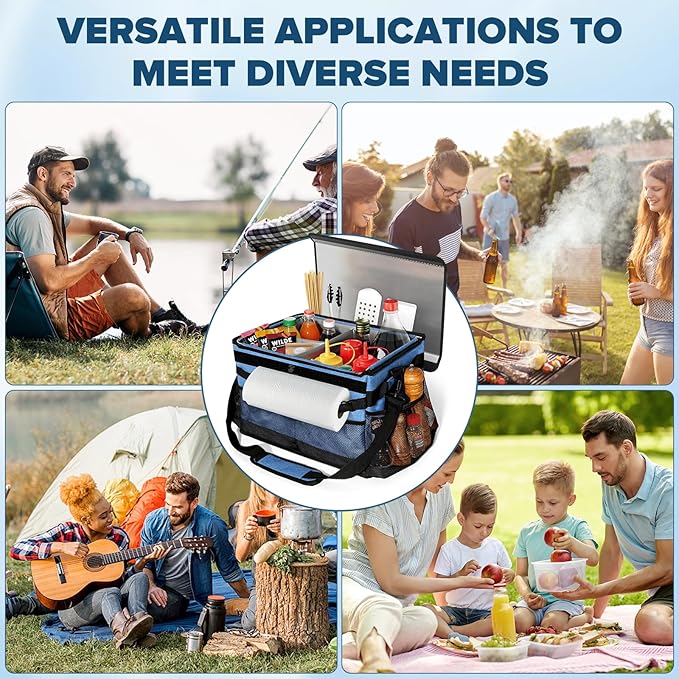 Grill Caddy, Blue Oxford BBQ Caddy with Paper Towel Holder & Lid, Collapsible Tailgating Accessories Basket, Portable griddle Bag Organizer for Outdoor Grilling, Picnic, Camping, Fishing, RV