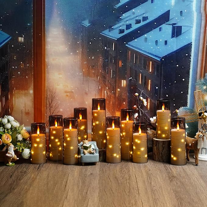 Flameless LED Candles with Timer 24 Pc Flickering Flameless Candles for Romantic Ambiance and Home Decoration Stable Acrylic Shell,with Embedded Star String，Battery Operated Candles（Grey）