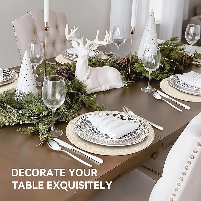 13" Round Placemats Set of 8, Reversible Faux Leather Heat Resistant Table Mats, 100% Waterproof Oilproof Wipeable Table Protective Placemats for Vinyl, Washable for Indoor & Outdoor Use (8, Beige)