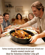 Roasting Pan with Lid & Rack 18 Inch Extra Large Deep Oven Baking Pot, Enamel Granite Non-Stick Oval Carbon Steel Pot for Turkey Chicken Ham Steak Non-Toxic for Mother Day Gift Roaster Pan