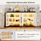 60 inch Farmhouse Buffet Sideboard Cabinet with 4 Glass Doors, Coffee Wine Bar Storage Cabinet with LED Lights, Buffet Table with Adjustable Shelves for Dining Room, Kitchen, Living Room
