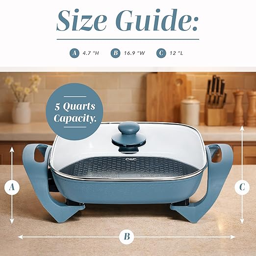 COOK WITH COLOR Electric Skillet - 12" x 12" Ceramic Nonstick Pan, PFAS-Free, 1400W, Tempered Glass Lid, Variable Temperature, Removable Heating Probe, Cool-Touch Handles, Slate Blue