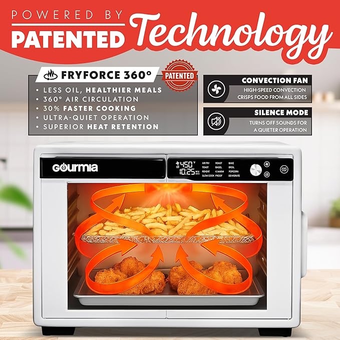 Gourmia French Door Digital Air Fryer Oven - XL 37QT Capacity, 12 Presets, FryForce 360° Tech, Dehydrate, Proof, Slow Cook, Fits 13” Pizza, 1700W, White