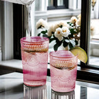 Loivttvv 12pcs Vintage Drinking Glasses Set, 12 oz Highball Glasses & 9 oz Embossed Ribbed Glassware Cups for Cocktail, Water, Juice, Coffee, Whiskey (Pink)