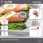 Taylor Instant Read Digital Meat Food Grill BBQ Cooking Kitchen Thermometer, Comes with Pocket Sleeve Clip, Red