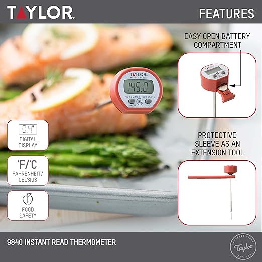 Taylor Instant Read Digital Meat Food Grill BBQ Cooking Kitchen Thermometer, Comes with Pocket Sleeve Clip, Red