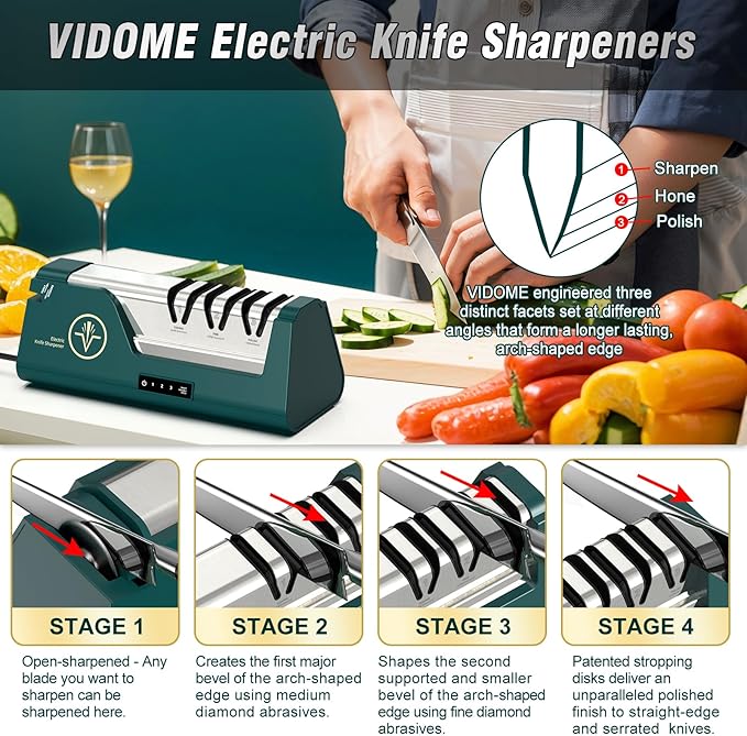 Professional Electric Knife Sharpener with 100% Diamond Abrasives & Precision Angle Guides, 3-Speed Variable 4-Stage Open Touch-Screen Knife Sharpener for Straight, Serrated Edges, Scissors & Axes