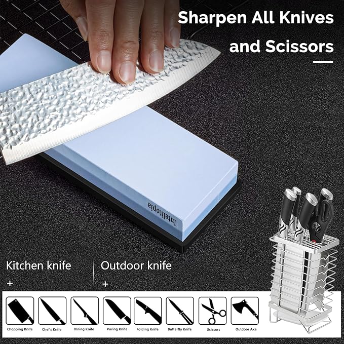 Intelitopia Complete Knife Sharpening Stone Set – Dual Grit Whetstone 400/1000 3000/8000 Knife Sharpener with Leather Strop, Flattening Stone, Bamboo Base, 3 Non-slip Rubber Bases & Angle Guide