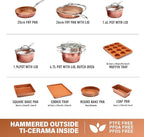 Gotham Steel Hammered 15 Pc Ceramic Cookware Set Nonstick, Induction Pots and Pans Set Non Stick with Bakeware Set & Steamer for Cooking, Non Toxic PFOA PFOS Free, Oven & Dishwasher Safe - Copper