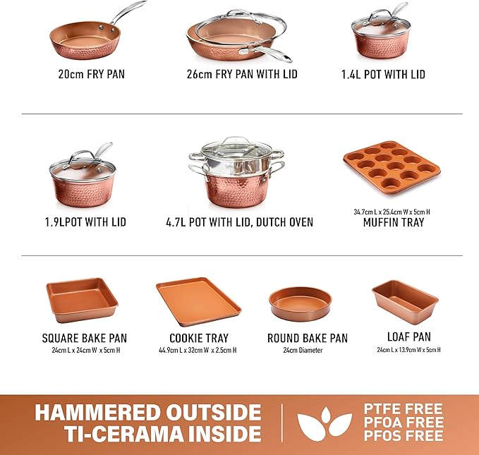 Gotham Steel Hammered 15 Pc Ceramic Cookware Set Nonstick, Induction Pots and Pans Set Non Stick with Bakeware Set & Steamer for Cooking, Non Toxic PFOA PFOS Free, Oven & Dishwasher Safe - Copper