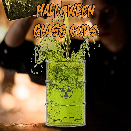Pund'it Polluted Shatter Resistant Halloween Drink Glasses, Set of 2, 16oz Radioactive Barrel Themed Cocktail and Soda Glasses