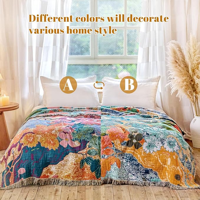MSGKV Boho Throw Blanket for Bed 60"x80" Cotton Floral Twin Size Couch Blankets All Seasons Lightweight Muslin Breathable Farmhouse Blankets