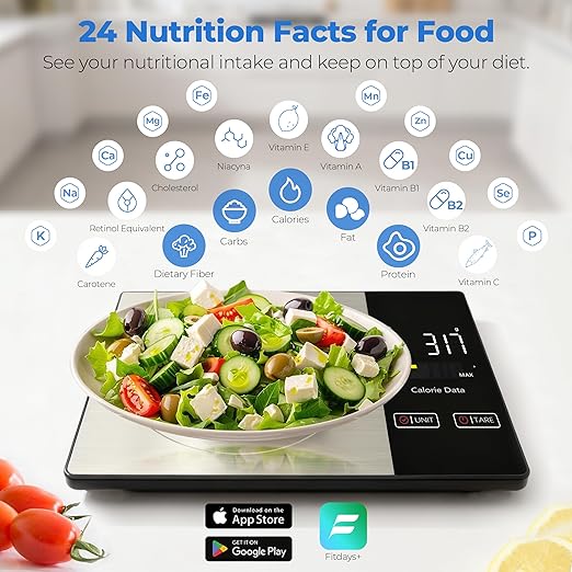 Smart Nutrition Food Scale - Digital Kitchen Scale with Nutritional Calculator App,Tare Function,Track Calories &24 Nutrients,11lb, Grams/Ounces, Healthy Eating & Meal Prep