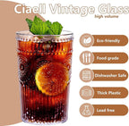 Ciaell 12 Pack Romantic Plastic Water Glasses - 14 Oz Clear Vintage Drinking Glasses, Embossed Ribbed Plastic Cups, Textured Striped Drinkware Set for Juice, Beverages, Beer, Cocktail