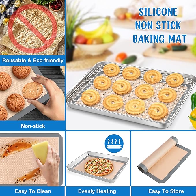 P&P CHEF 12.5 x 9.7 x 1 Inch Toaster Oven Pan with Grid Rack and Silicone Mat, Stainless Steel Toaster Oven Tray Baking Pan with Cooling Roasting Rack, Dishwasher Safe (3Pcs)