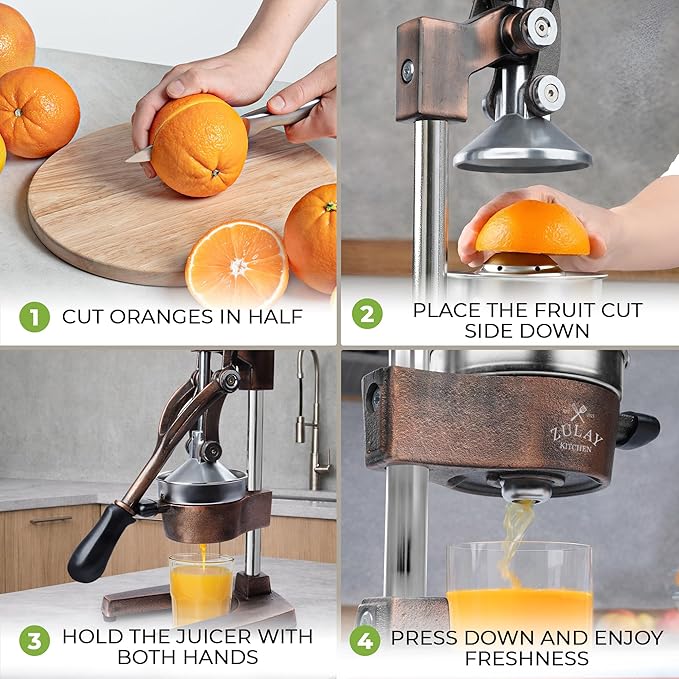 Zulay Kitchen Cast Iron Juicer - Easy-to-Clean Heavy-Duty Manual Juicer, Professional Citrus Juicer - Stainless Steel Lemon Squeezer - Manual Citrus Press & Orange Squeezer - Orange Juicer (Copper)
