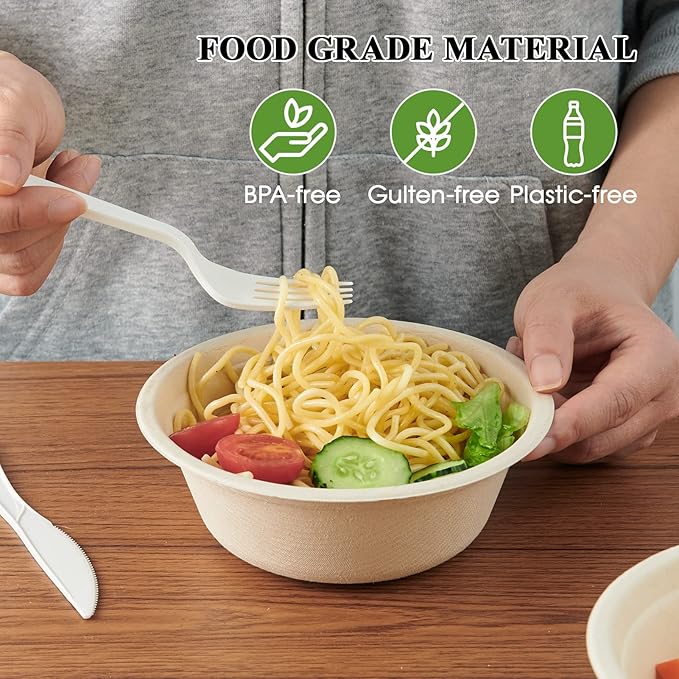 ECOLipak 150 Pack Compostable Disposable Paper Bowls, 16 OZ Biodegradable Bagasse Eco-Friendly Sugarcane Soup Bowls for Salad Wheat Flakes(Nature)
