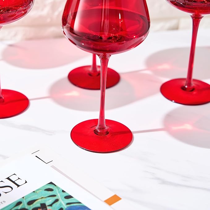 Red Ruby Crystal Wine Glasses Set of 6 | Elegant 20oz Tall Drinkware | Festive Holiday & Christmas Glassware for Hosting and Gifting | Sophisticated Italian-Inspired Barware for Wife, Mom, or Friend