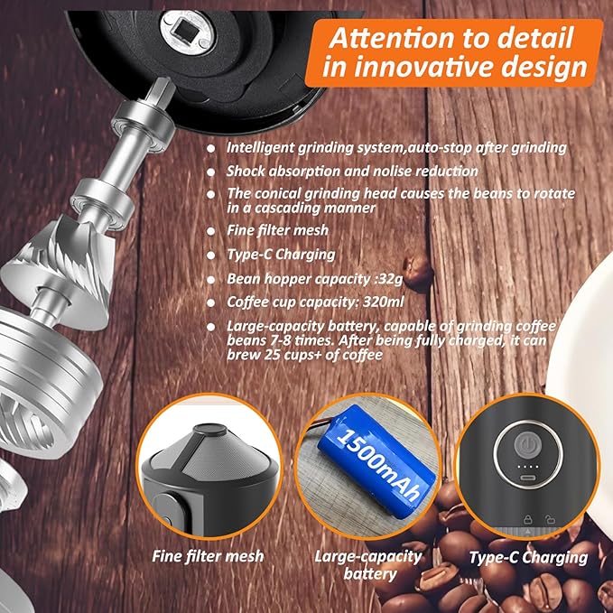 Portable Electric Coffee Grinder and Brewing Kit, Rechargeable, Conical Burr Coffee Grinder with Filter, 32g Capacity & 320 ml Coffee Cup for Camping, Travel, Office, Espresso, Pour Over, etc (Black)