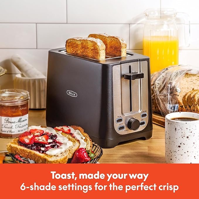 bella 2 Slice Toaster with Auto Shut Off, Extra Wide Slots & Removable Crumb Tray and Cancel, Defrost & Reheat Function, Toast Bread, Bagel & Waffle, Black