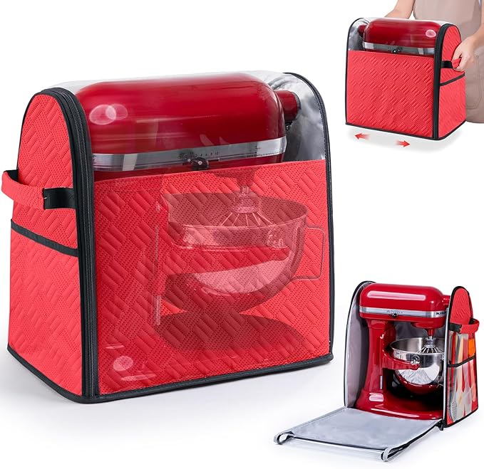 BAGSPRITE Full Open Stand Mixer Cover with Slider Base Compatible with KitchenAid 6-8 Qt Bowl-Lift Mixers – Dustproof Quilted Kitchen Aid Mixer Cover with Pockets for Accessories & Attachments