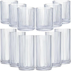 Zhehao 12 Pcs Ribbed Drinking Glasses Set 12 oz 14 oz Glass Cups Vintage Glassware Ribbed Cocktail Cup Clear Ice Coffee Highball Ripple Drinkware for Home Bar Beverages