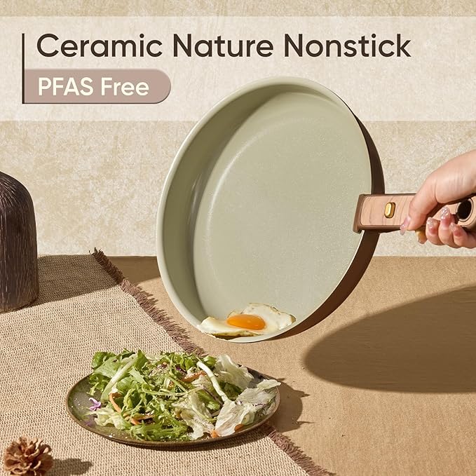 CAROTE Ceramic Cookware Set, Pots and Pans Set Non Stick with Detachable Handle, RV Kitchen Cooking Set, Induction & Oven Safe, PFAS and PFOA Free, Pistachio Green 19 Pcs