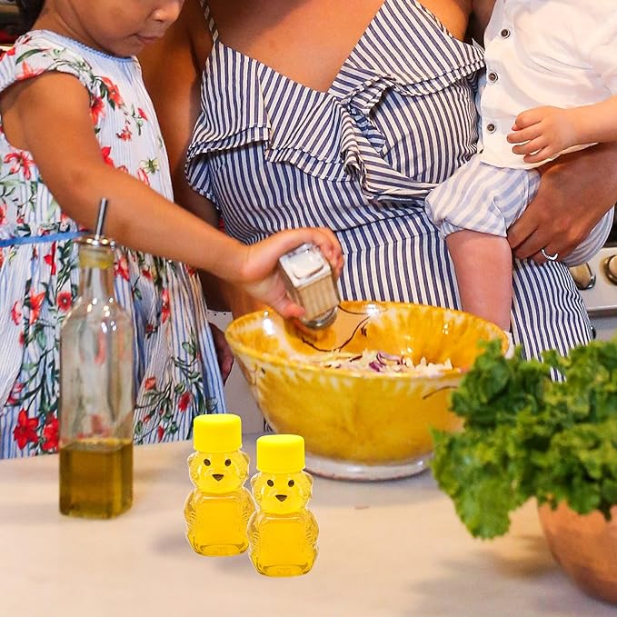 50 Pack 2 oz Honey Bear Bottle Plastic, Reusable Plastic Honey Bear Jars Bulk with Yellow Lid for Storing and Dispensing(60ml /2oz)