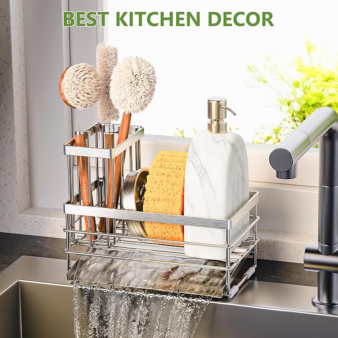 Cisily Sink Caddy Sponge Holder for Kitchen with Brush Holder and Stainless Steel Self Drain Tray, Rustproof Kitchen Sink Organizer for Sponge, Soap Dispenser Storage Accessories (Stainless Steel)