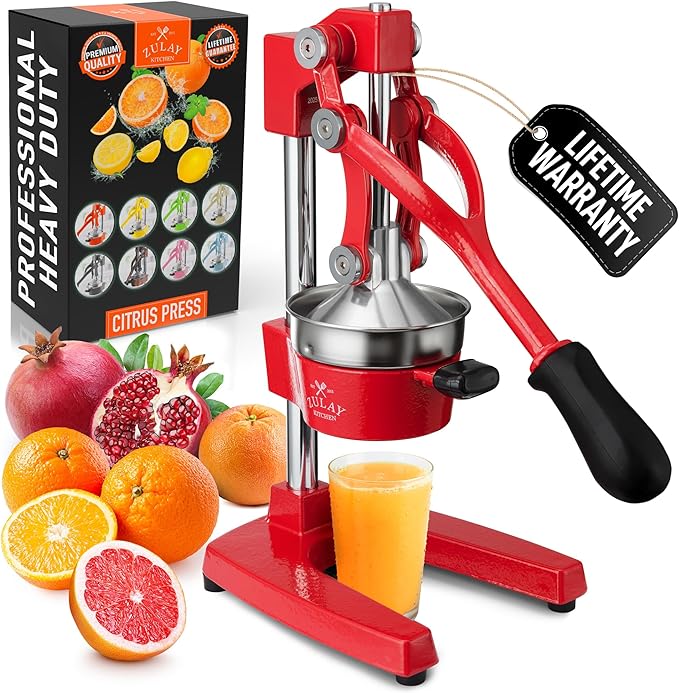 Zulay Kitchen Cast Iron Juicer - Easy-to-Clean Heavy-Duty Manual Juicer, Professional Citrus Juicer - Stainless Steel Lemon Squeezer - Manual Citrus Press & Orange Squeezer - Orange Juicer (Red)