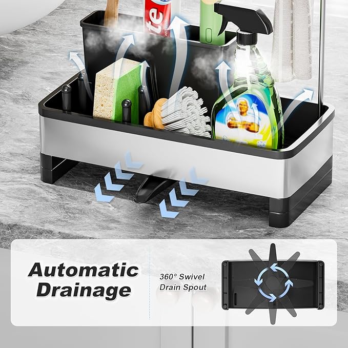 Ewaiira Stainless Steel Sink Caddy, Sponge Holder for Kitchen Sink with Brush Holder & Dishcloth Rack, Rustproof Sink Organizer Countertop, Kitchen Organizers Storage Essentials (D-Black 9.8″)