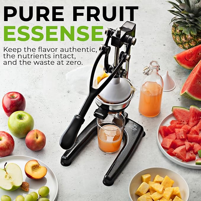 Zulay Kitchen Puplerizer 9 in 1 Cast Iron Juicer - Easy-to-Clean Heavy-Duty Manual Juicer with Presser Attachment to Juice All Types of Fruits! Extra Tall with Stainless Steel Bowl - Black