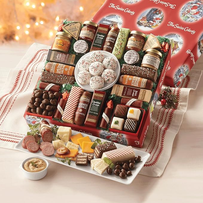 The Swiss Colony 27 Favorites and 24 Liqueur Truffles Christmas Gift Bundle - Assorted Cheeses, Candies, Chocolates, Summer Sausage Meats with 24 Liqueur Flavored Truffles