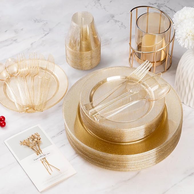 Goodluck 600 Piece Gold Glitter Disposable Plates for 100 Guests, Plates for Party, Wedding, Dinnerware Set of 100 Dinner, 100 Salad Plates, 100 Spoons, 100 Forks, 100 Knives, 100 Cups