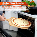 Loftern Wooden Pizza Peel 12 Inch Board with Engraved Sizes - Multi-Purpose Bamboo Pizza Cutting Board, Wood Pizza Peel, Pizza Spatula Paddle, and Serving Board with Size and Cutting Guide