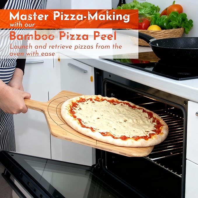 Loftern Wooden Pizza Peel 12 Inch Board with Engraved Sizes - Multi-Purpose Bamboo Pizza Cutting Board, Wood Pizza Peel, Pizza Spatula Paddle, and Serving Board with Size and Cutting Guide