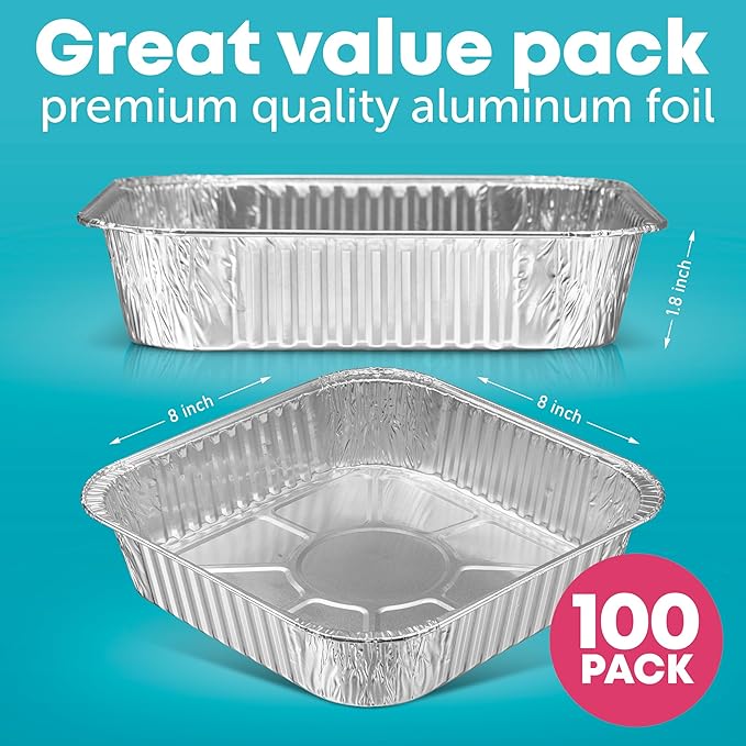 8x8 Disposable Aluminum Pans - 100 Pack Foil Pans For Cooking, Baking Cakes, Roasting & Homemade Breads - Disposable Food Containers