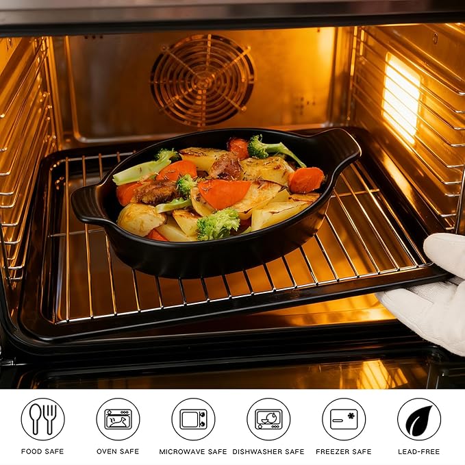 Oval Au Gratin Baking Dishes Set of 4 9" x 5" 19 oz matte black Ceramic Oven Safe & Heat Resistant With Handles for Small Mini Casseroles Cooking & Serving