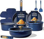 CAROTE Blue&Gold Ceramic Cookware Set Non Toxic, PFAS Free,15Pcs Pots and Pans Set Non Stick Detachable/Removable Handle,Kitchen Cooking Set Dishwasher Safe, Nonstick Pot and Pan, Induction Cookware
