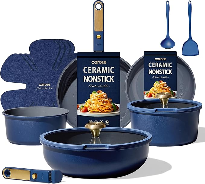 CAROTE Blue&Gold Ceramic Cookware Set Non Toxic, PFAS Free,15Pcs Pots and Pans Set Non Stick Detachable/Removable Handle,Kitchen Cooking Set Dishwasher Safe, Nonstick Pot and Pan, Induction Cookware