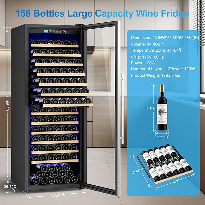 158 Bottle Wine Fridge, 24 Inch Wine Cooler Refrigerator Freestanding with Professional Temperature Control System, Suitable for Mixed Bottle Sizes, Low Noise Operation (14.37cu.ft)
