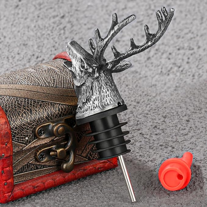 Deer Head Liquor Pourers Spout, Deer Wine Bottle Pourer and Stopper for Wine Spirits, Stag Gifts Birthday Gifts Hunting Gifts for Hunters Men Women, Silver