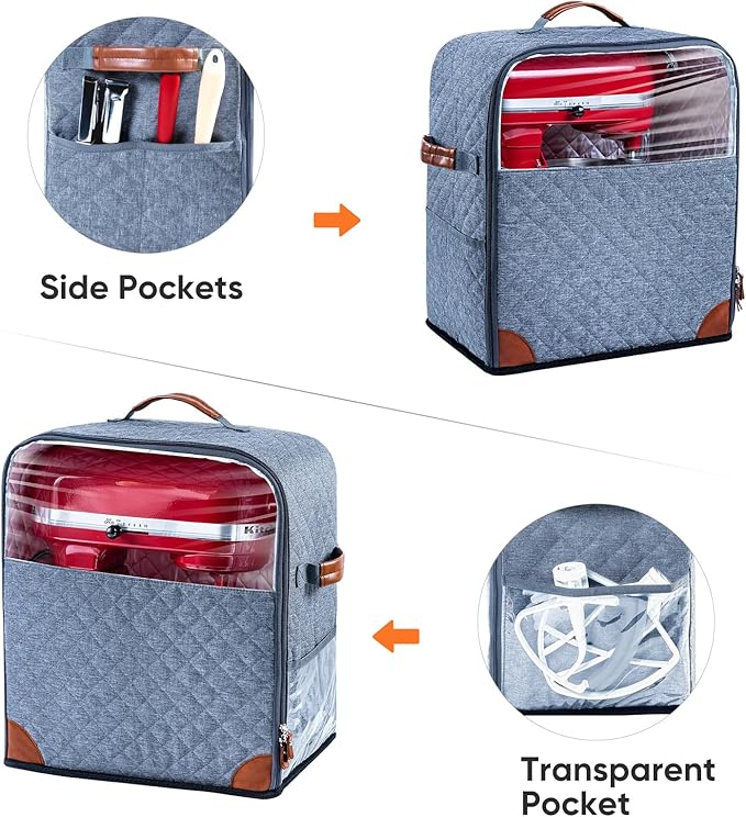 BAGSPRITE Stand Mixer Cover with Appliance Sliders Base Compatible with KitchenAid Mixer-Storage Bag for 6/7/8 Quart with Pockets for Kitchen Aid Accessories and Attachments