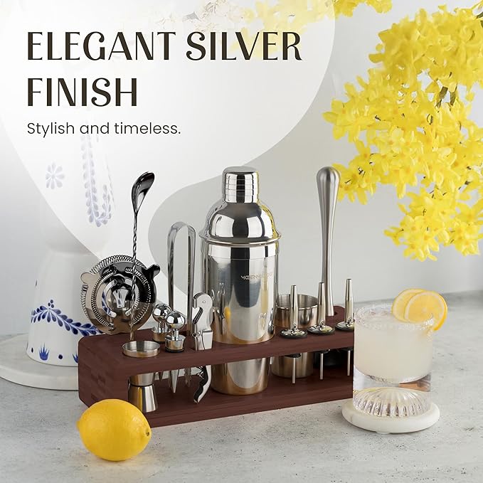 Modern Mixology 21-Piece Cocktail Shaker Set with Stand, Bartender Kit for Home Bar Accessories: 24oz Martini Shaker, Jigger, Strainer, Bar Spoon, Tongs, Opener, Muddler (Silver, Dark Brown Stand)