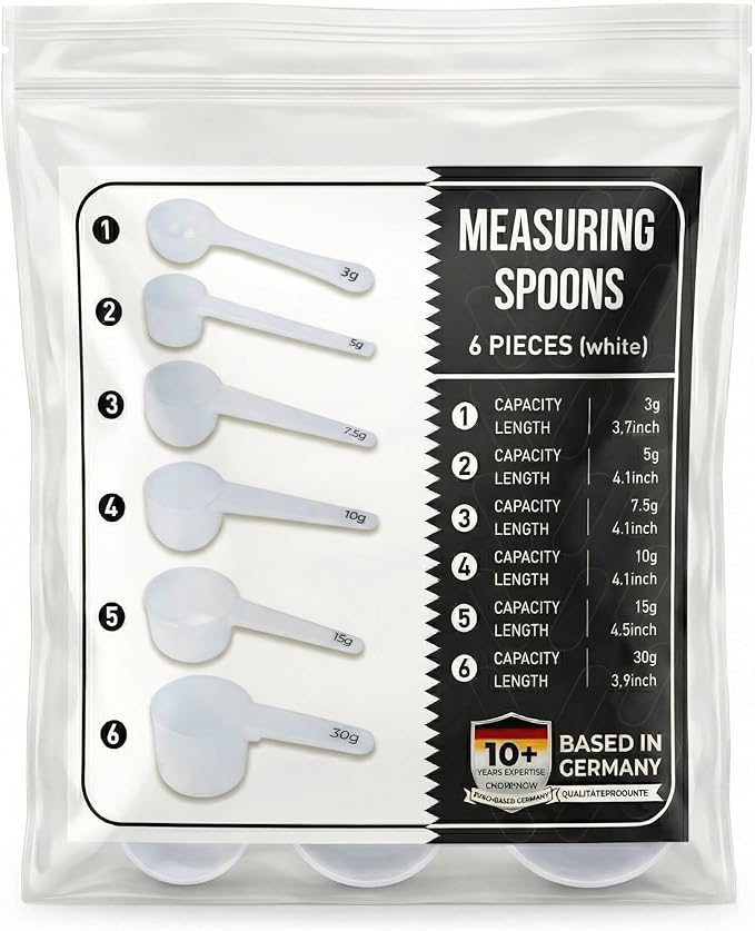 Measure spoons | measuring spoons set of 6 | exact dosing 3 gram scoop, 5 gram scoop, 7,5g, 10g, 15g, 30g | kitchen measuring set for powder and liquids | plastic medicine spoon and cups