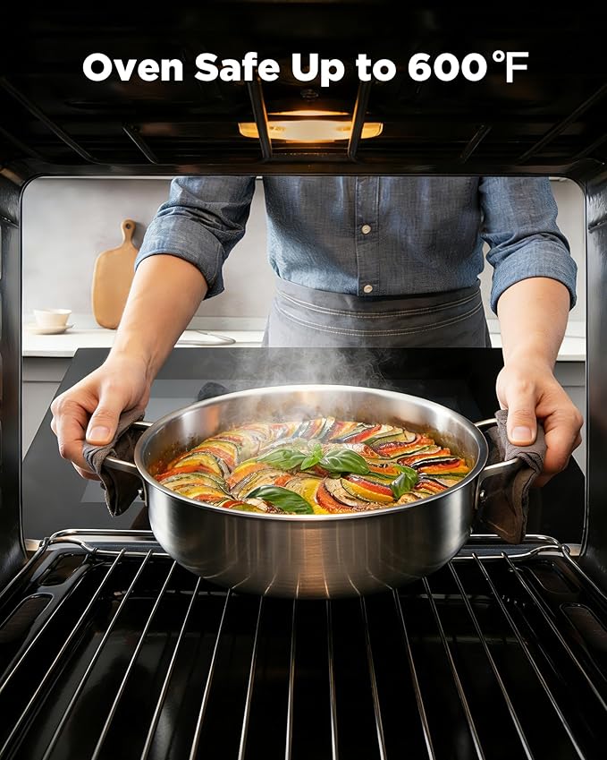 Saute Pan with Lid, 12 Inch 7QT Tri-Ply Stainless Steel Braiser Pan, Deep Frying Pan & Chef Skillet, Induction Compatible Cookware, Dishwasher & Oven Safe, Works on Gas and Ceramic Cooktops
