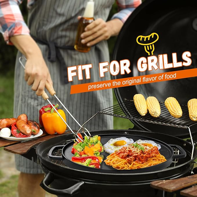 GGC Reversible Cast Iron Griddle, Double-sided Griddle Pan for Stove Tops, Gas Grills and Outdoor Cooking, 14 inch Grill Griddle with Baking Flat and Ribbed