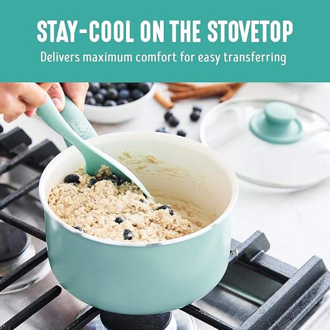 GreenLife 2.5QT Nonstick Saucepan with Glass Lid, Soft Grip, PFAS-Free Ceramic, Multipurpose Chef Pan, Milk & Sauce Cooking Pot, Dishwasher & Oven Safe to 350˚F, Stay-Cool Handle, Turquoise